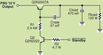 簡單的軟啟動電路可以禁止待機時的電源輸出，同時消除導(dǎo)通時的電流尖峰，因此，可利用小型晶體管(Q1)來保持低成本