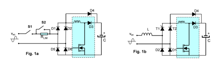 基于電阻器和繼電器的電涌限流充電機(jī)電路 （a）和基于混合整流橋的電涌限流充電機(jī)電路（b）