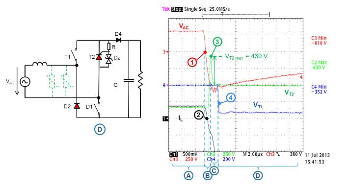 基于TN5050H-12WY可控硅整流管的混合式整流橋90°1 kV負(fù)浪涌電壓測(cè)試